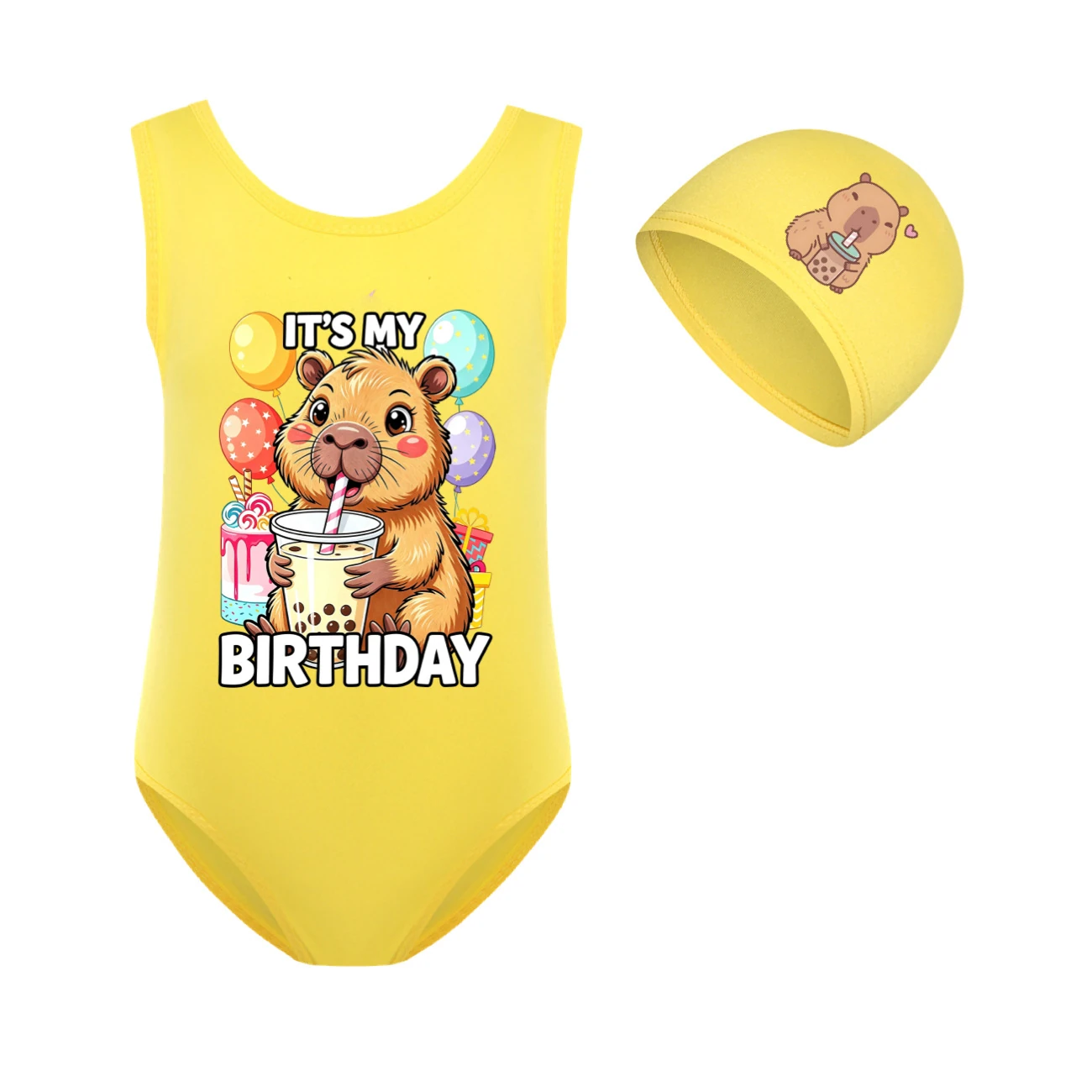 Girls’ One-Piece Swimsuit & Cap Set — 5821 Edition, Style 10 · Set · Yellow