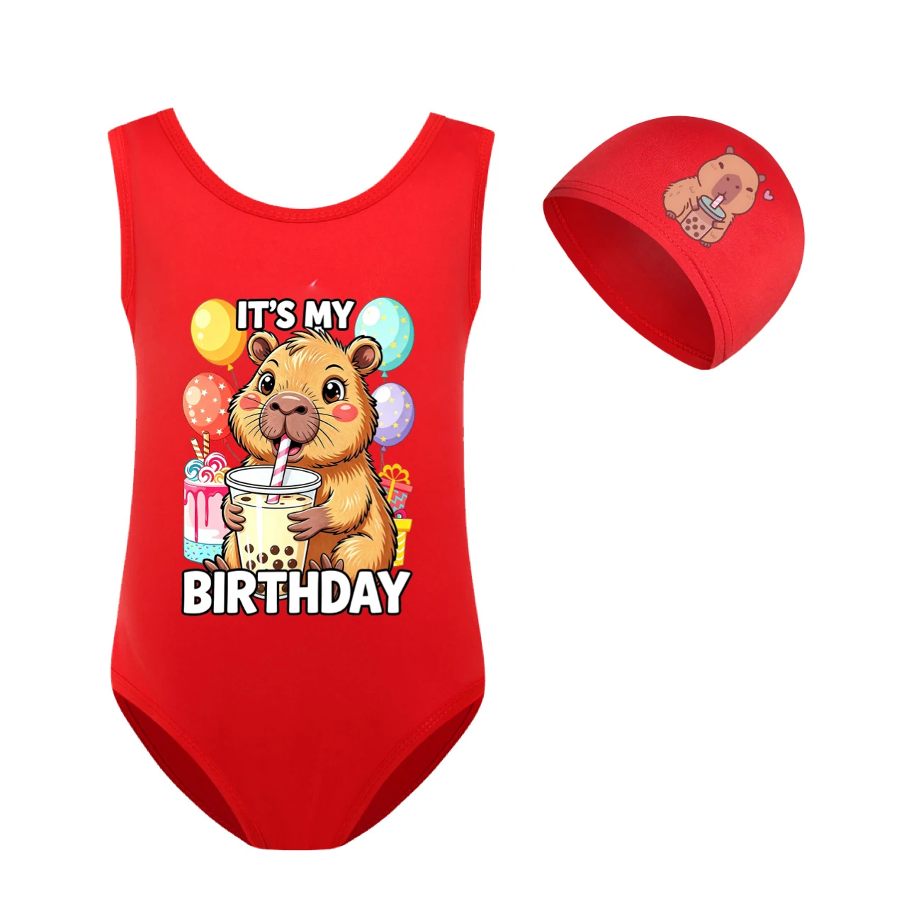Girls’ One-Piece Swimsuit & Cap Set — 5821 Edition, Style 11 · Set · Red