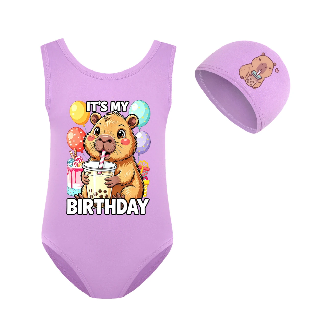 Girls’ One-Piece Swimsuit & Cap Set — 5821 Edition, Style 12 · Set · Purple