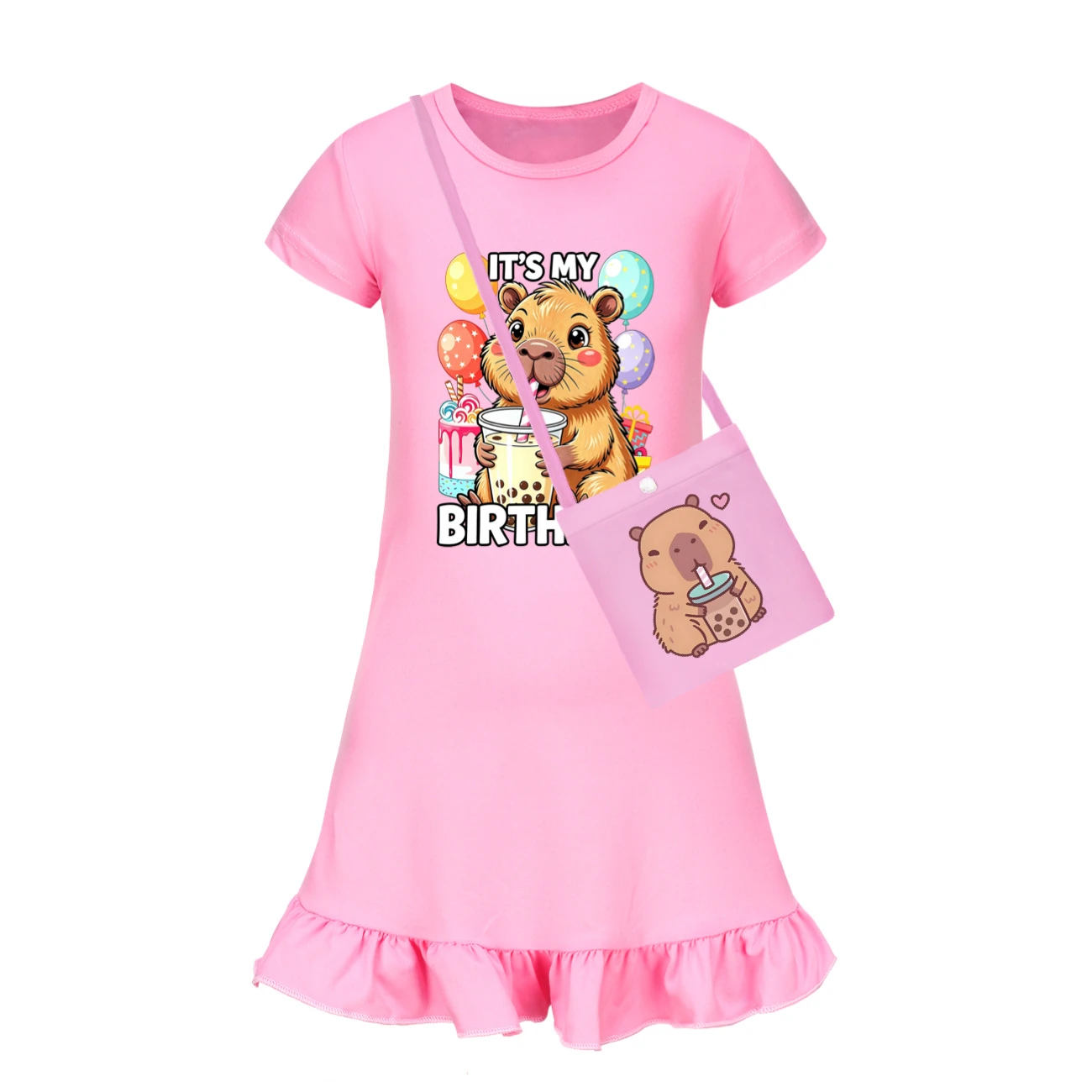 Ruffle-Hem Jersey Sleep Dress — 5821 Edition, Style 03 · with Bag · Pink