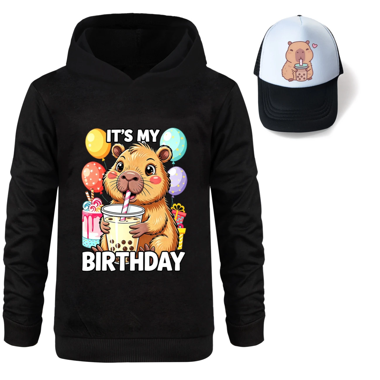Graphic Hoodie & Sun Hat Set — 5821 Edition, Style 07 · Black