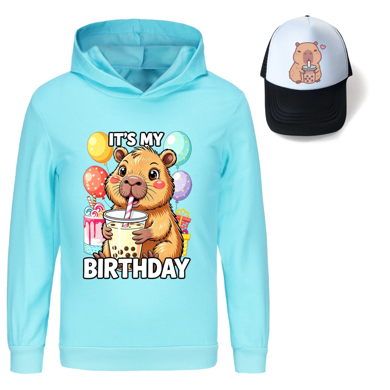Graphic Hoodie & Sun Hat Set — 5821 Edition, Style 08 · Light Blue
