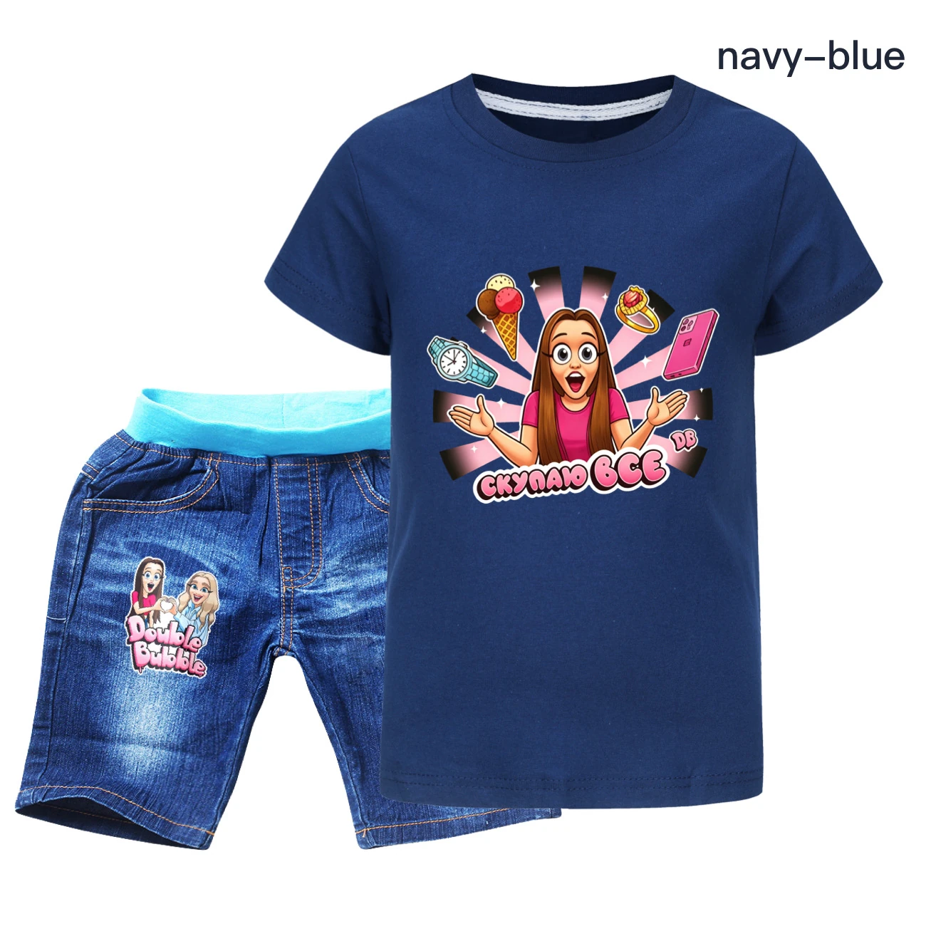 Graphic Tee & Denim Shorts Set — 5822 Edition, Style 01 · Denim · Royal Blue