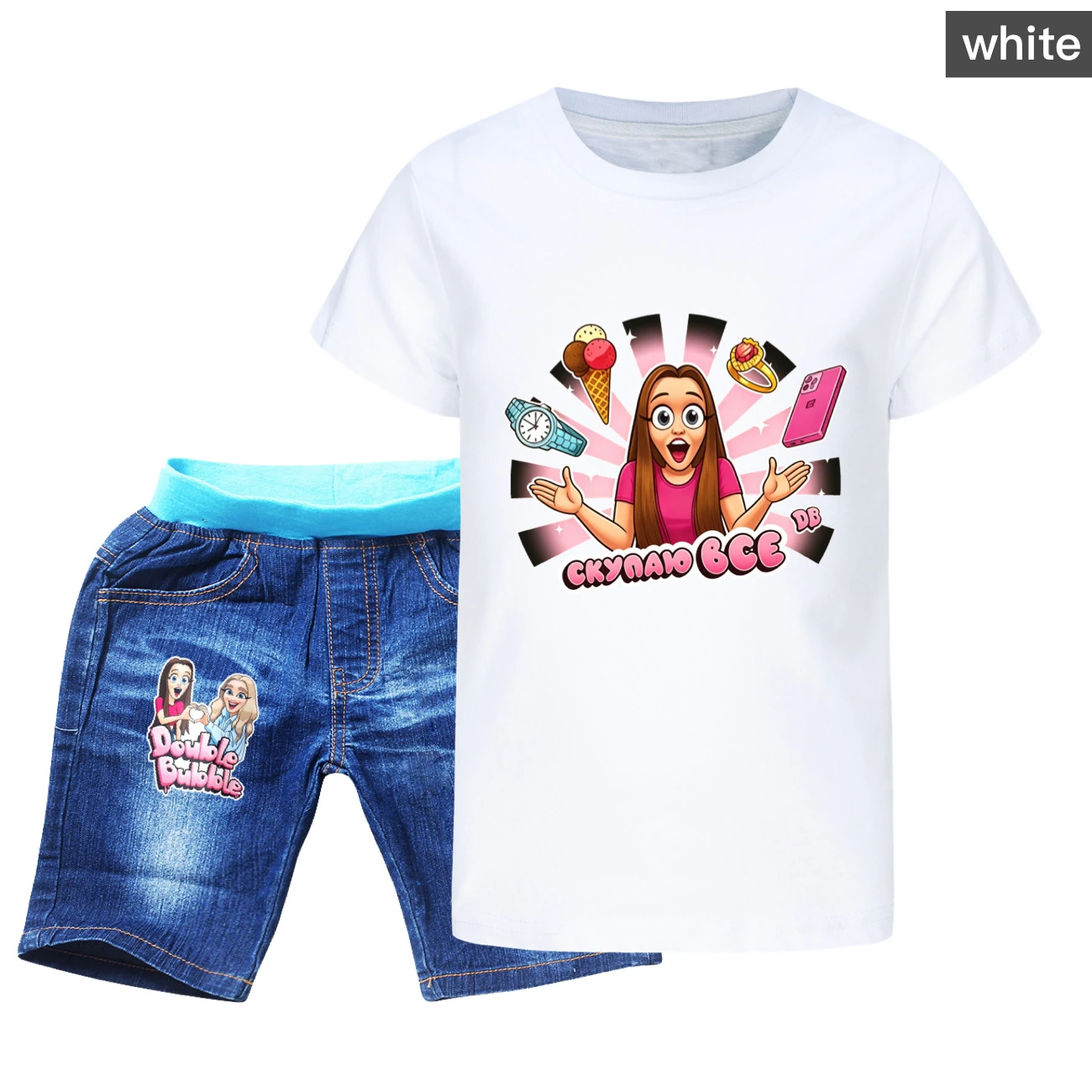Graphic Tee & Denim Shorts Set — 5822 Edition, Style 02 · Denim · White