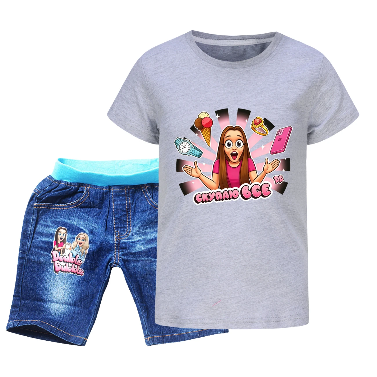Graphic Tee & Denim Shorts Set — 5822 Edition, Style 03 · Denim · Grey