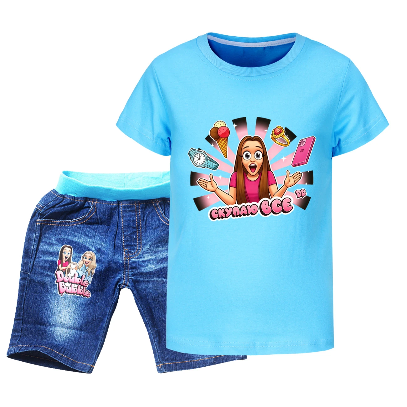 Graphic Tee & Denim Shorts Set — 5822 Edition, Style 04 · Denim · Light Blue