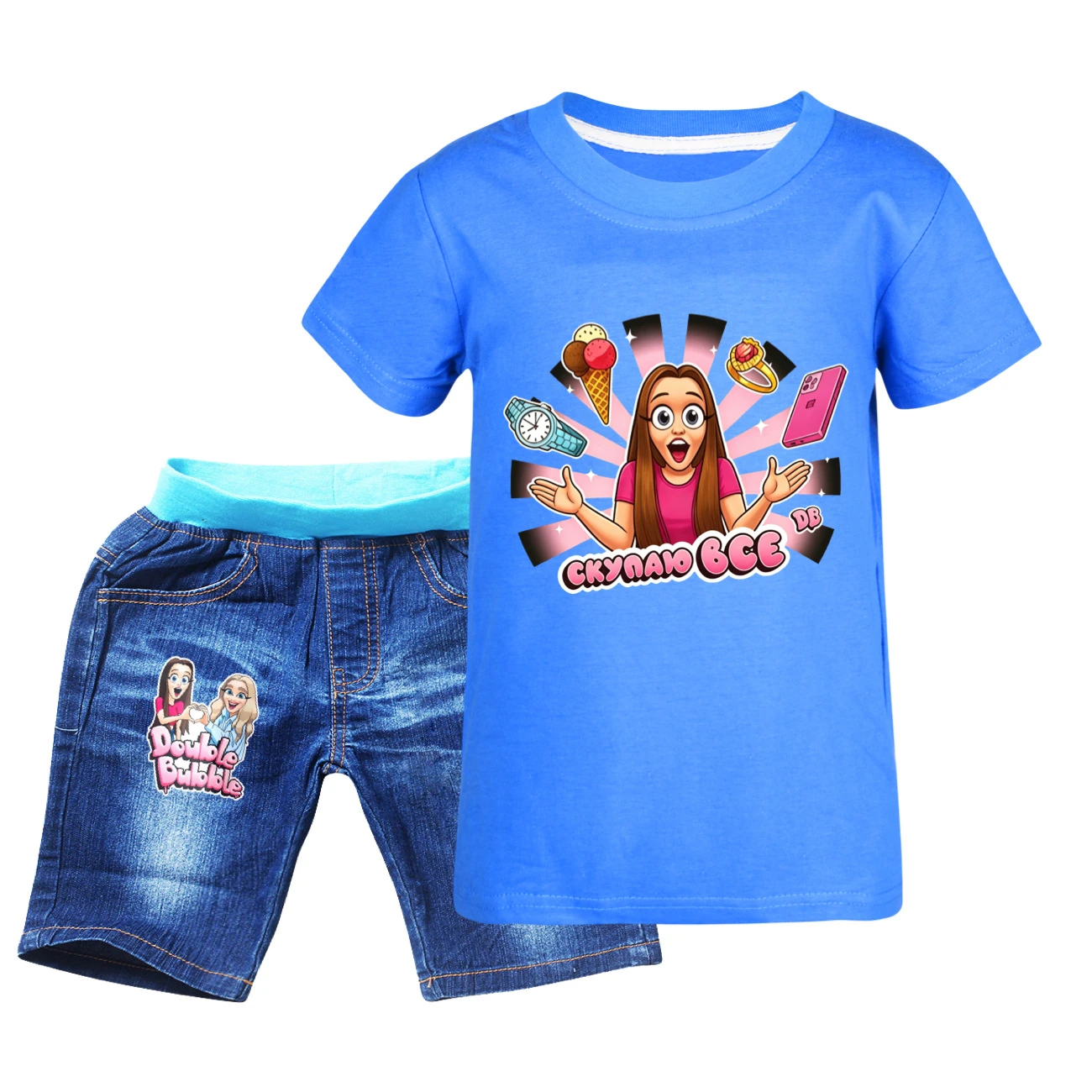 Graphic Tee & Denim Shorts Set — 5822 Edition, Style 05 · Denim · Blue