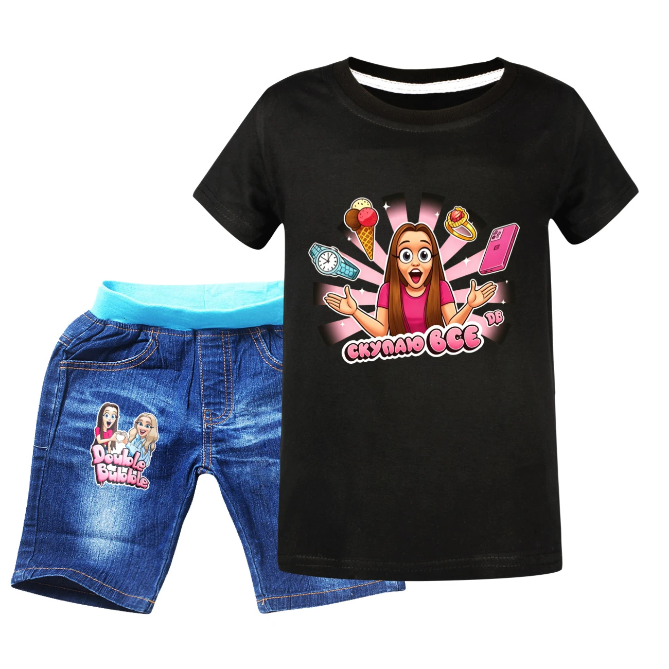 Graphic Tee & Denim Shorts Set — 5822 Edition, Style 06 · Denim · Black
