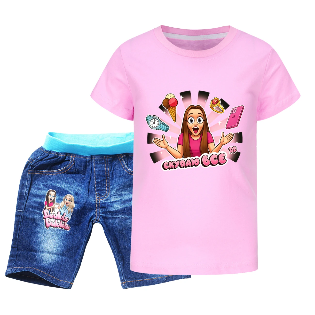 Graphic Tee & Denim Shorts Set — 5822 Edition, Style 07 · Denim · Pink
