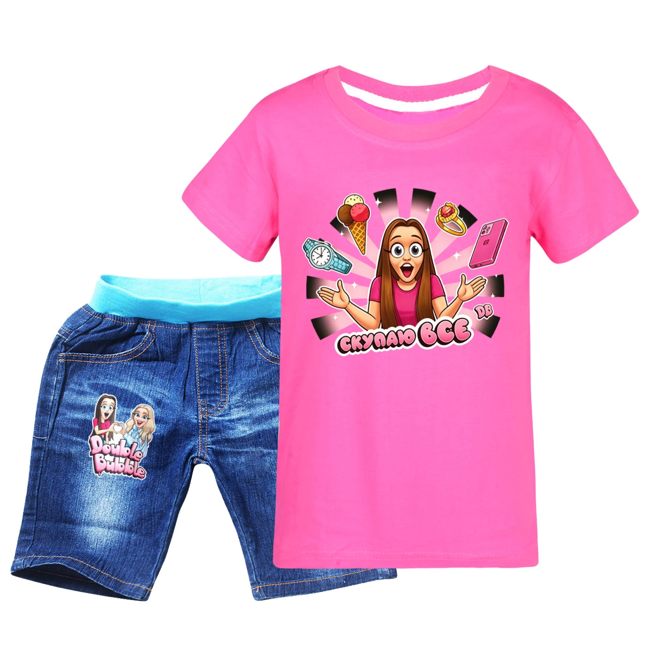Graphic Tee & Denim Shorts Set — 5822 Edition, Style 08 · Denim · Rose