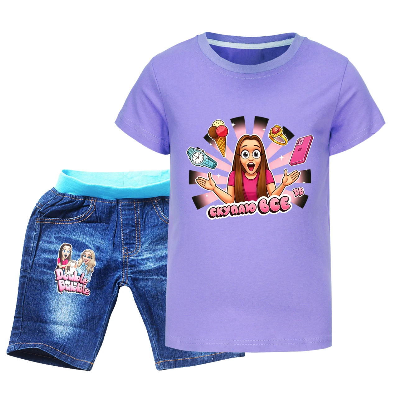 Graphic Tee & Denim Shorts Set — 5822 Edition, Style 09 · Denim · Purple