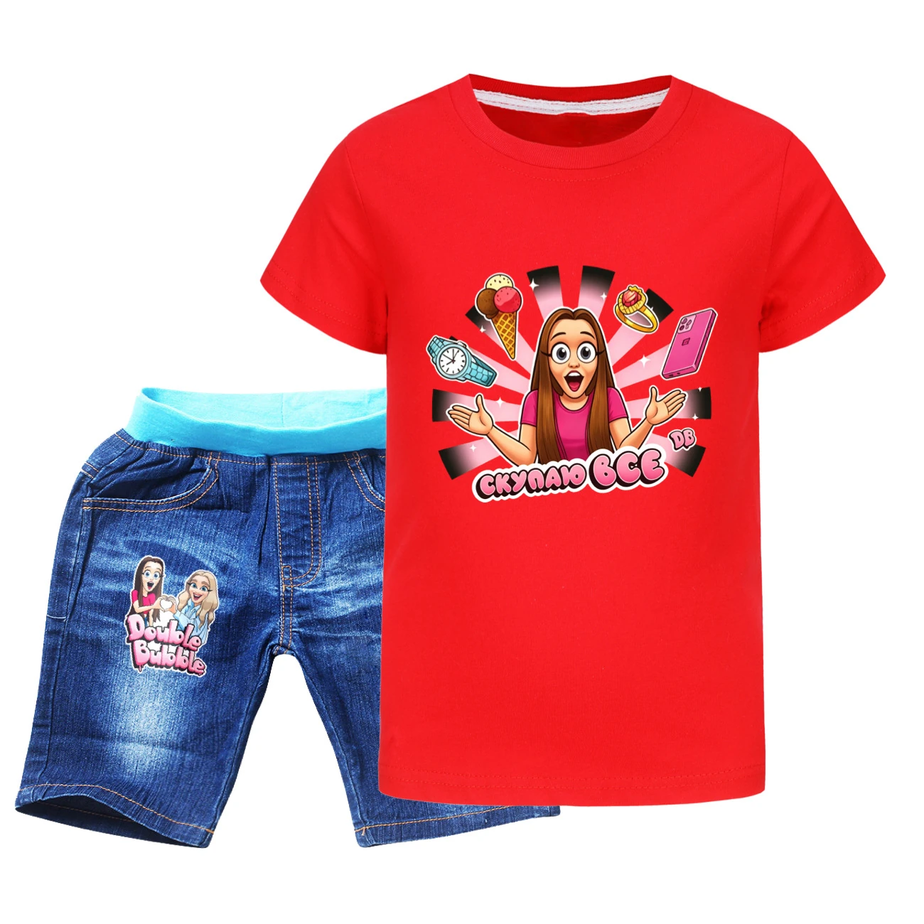 Graphic Tee & Denim Shorts Set — 5822 Edition, Style 10 · Denim · Red