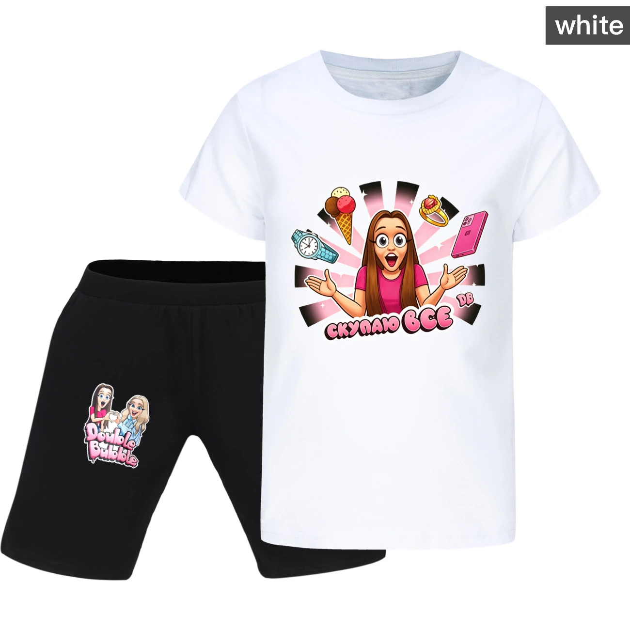 Graphic Tee & Denim Shorts Set — 5822 Edition, Style 11 · White