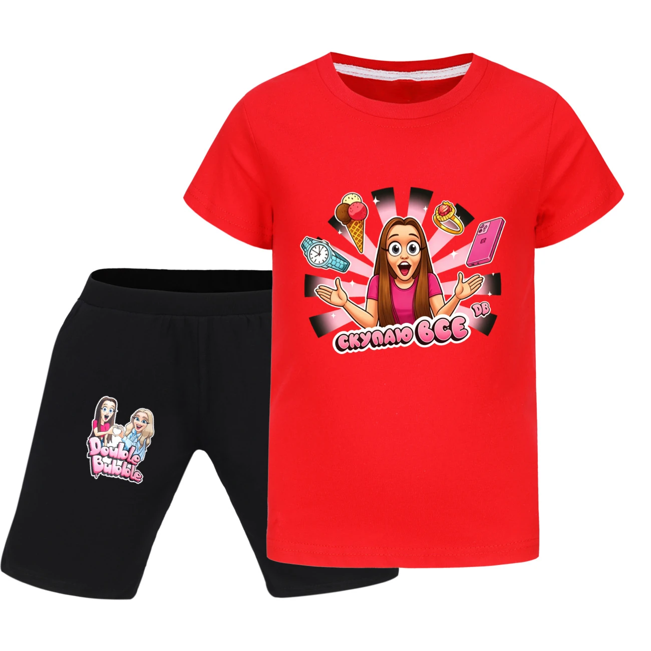 Graphic Tee & Denim Shorts Set — 5822 Edition, Style 12 · Red
