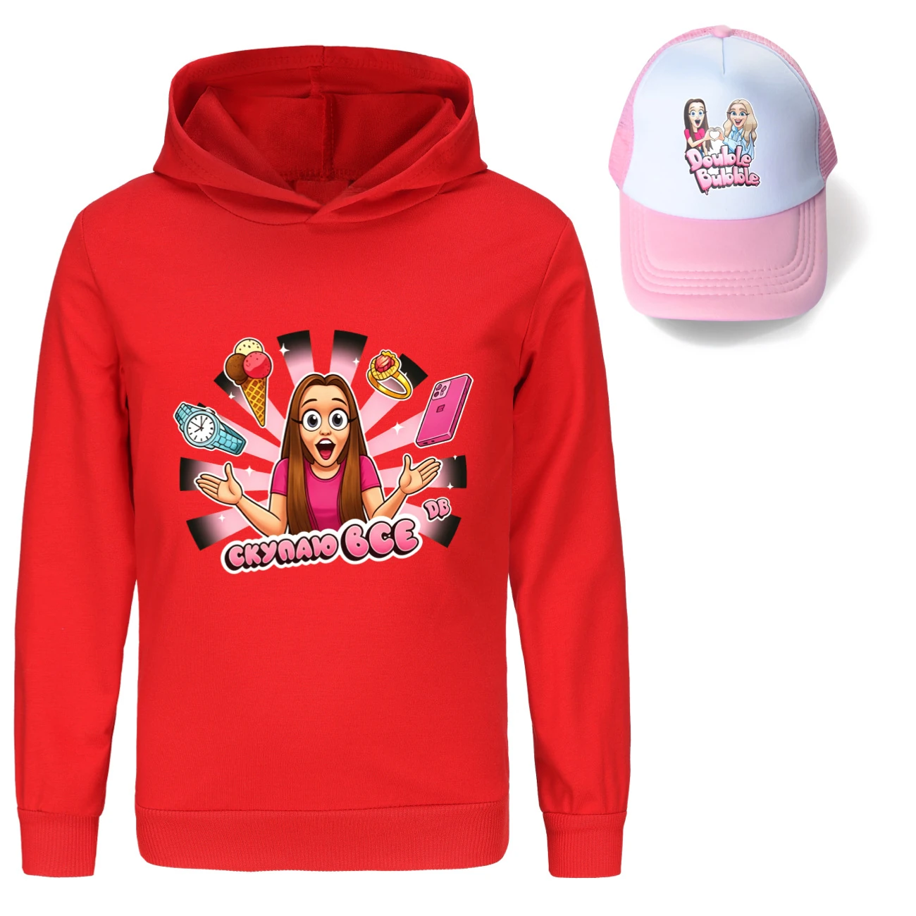 Graphic Hoodie & Sun Hat Set — 5822 Edition, Style 03 · Red
