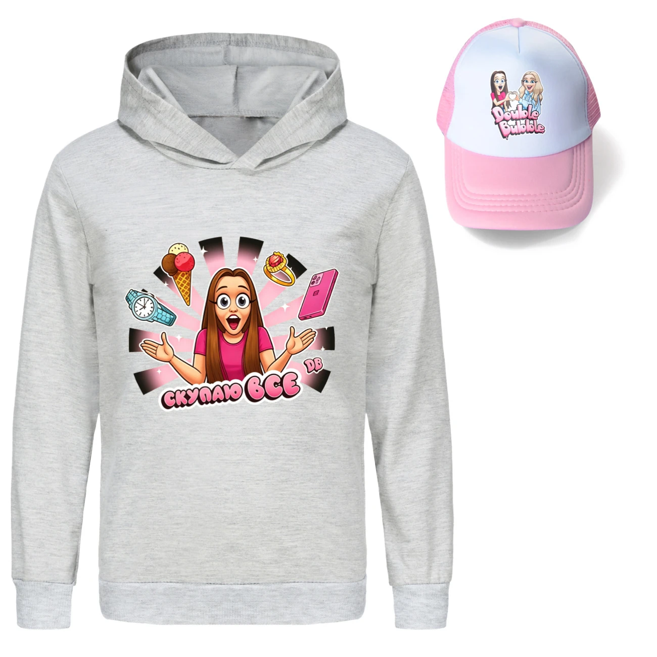Graphic Hoodie & Sun Hat Set — 5822 Edition, Style 05 · Grey