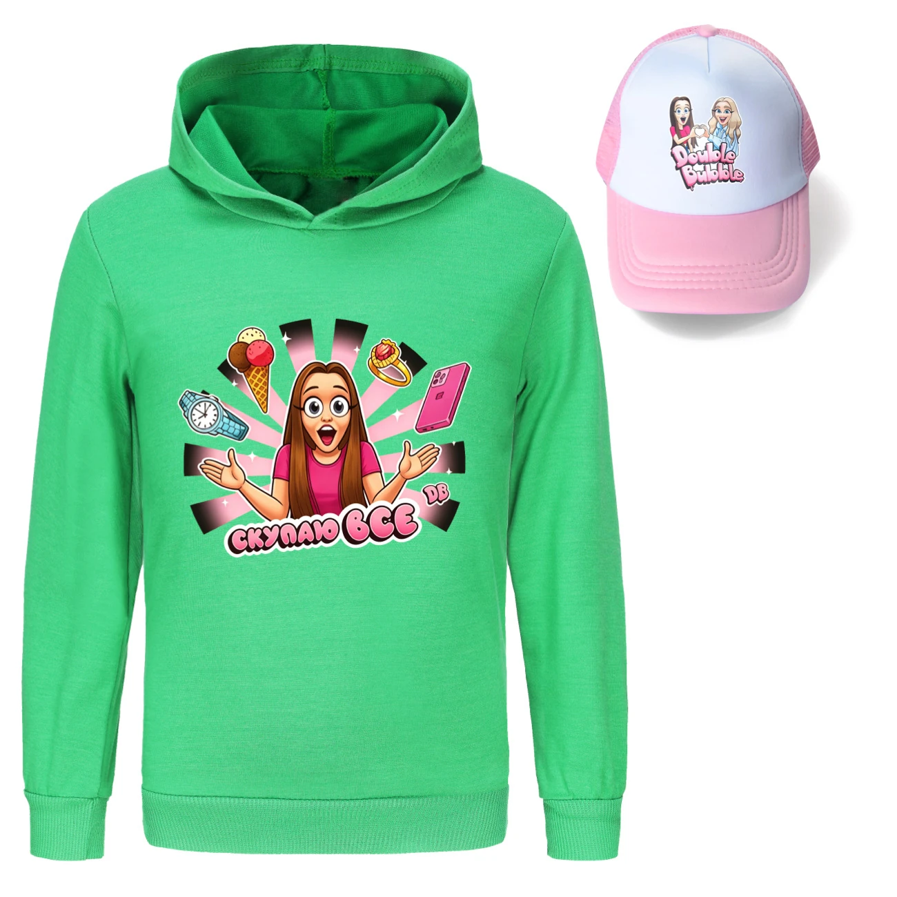 Graphic Hoodie & Sun Hat Set — 5822 Edition, Style 06 · Green