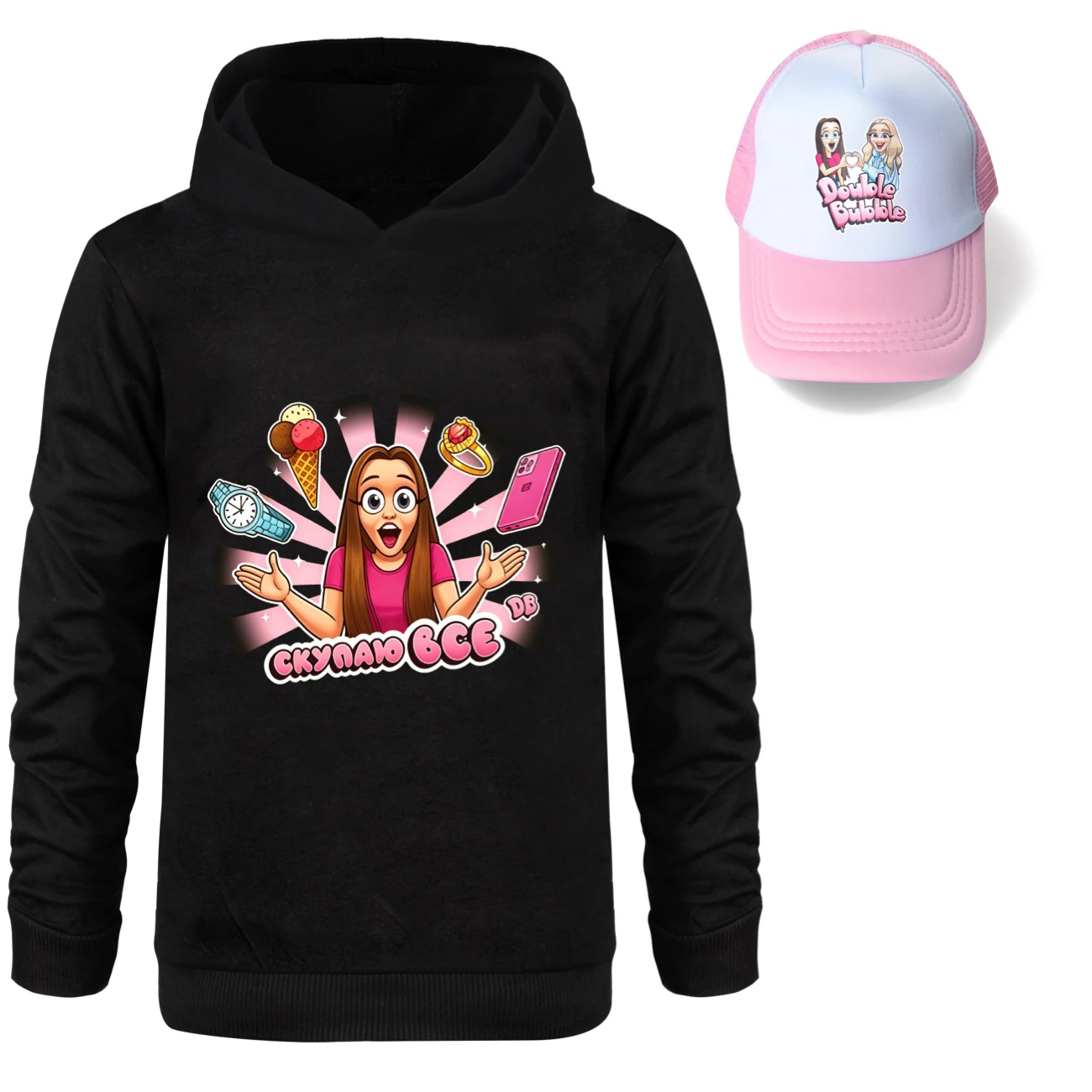 Graphic Hoodie & Sun Hat Set — 5822 Edition, Style 07 · Black