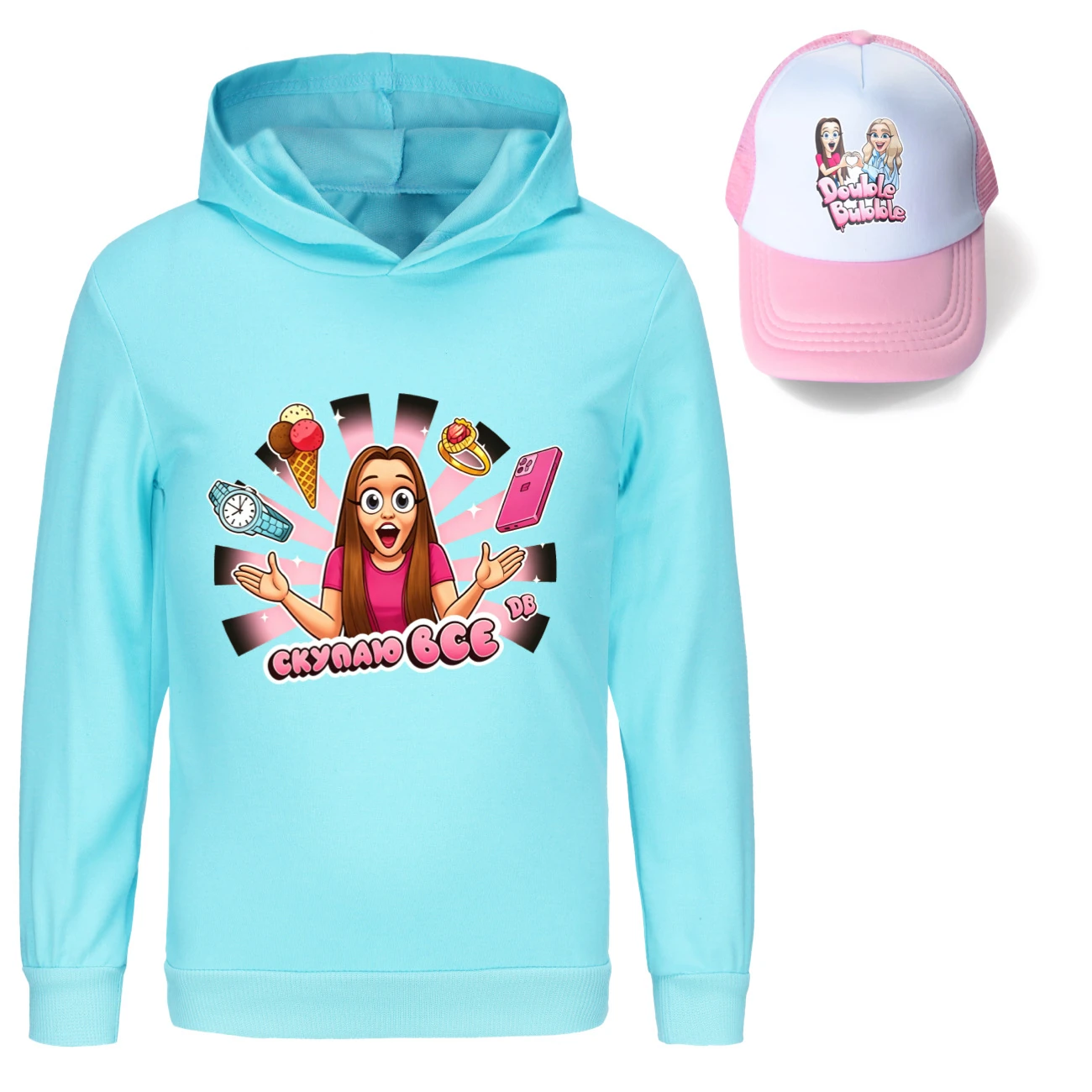 Graphic Hoodie & Sun Hat Set — 5822 Edition, Style 08 · Light Blue