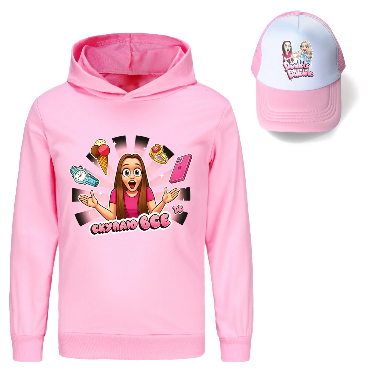Graphic Hoodie & Sun Hat Set — 5822 Edition, Style 11 · Pink