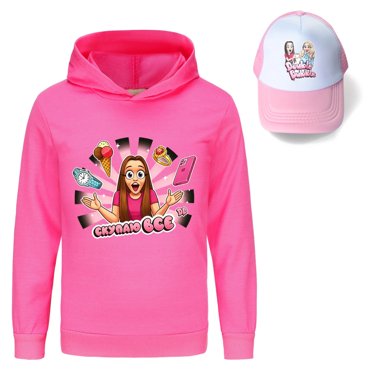 Graphic Hoodie & Sun Hat Set — 5822 Edition, Style 12 · Rose