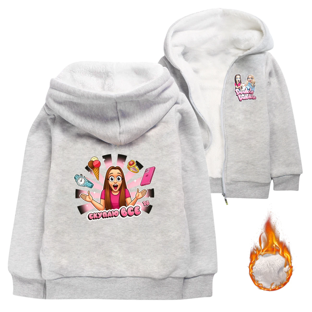 Warm-Lined Graphic Hoodie — 5822 Collection B, Style 03 · Padded · Grey