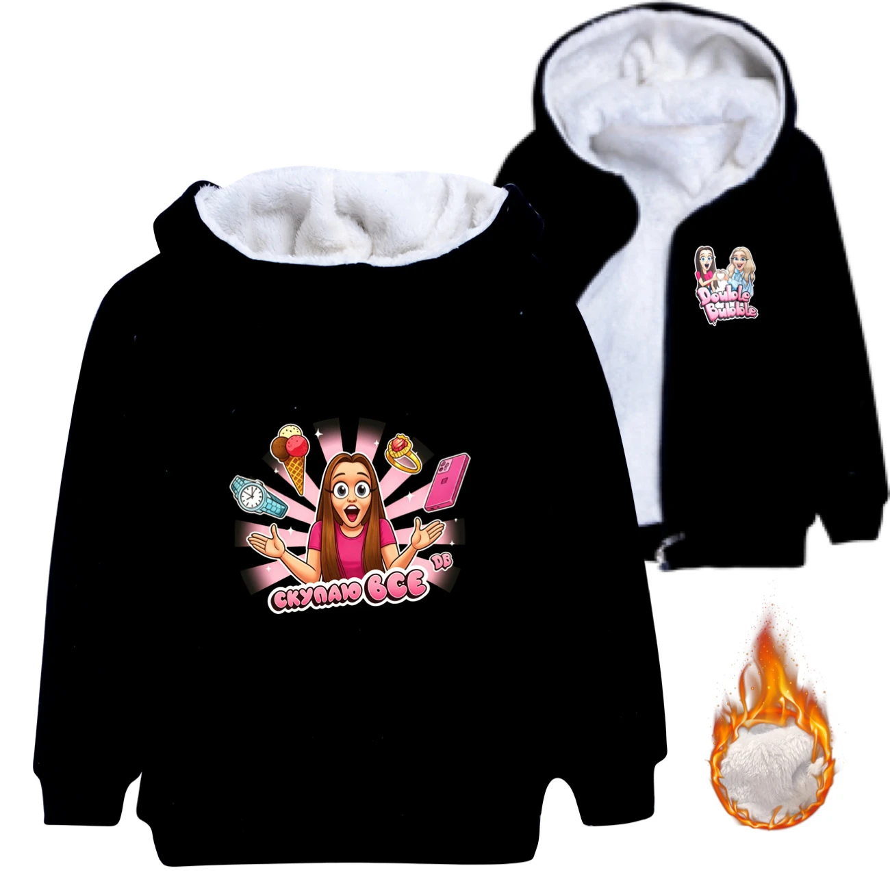 Warm-Lined Graphic Hoodie — 5822 Collection B, Style 05 · Padded · Black