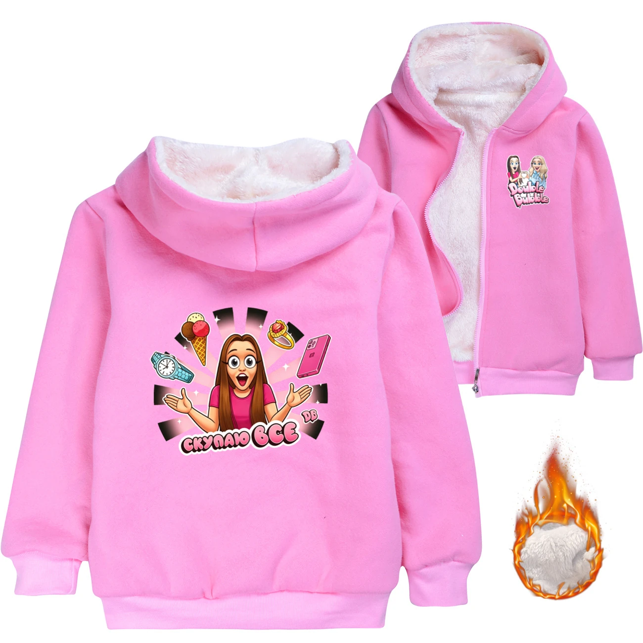 Warm-Lined Graphic Hoodie — 5822 Collection A, Style 02 · Padded · Pink