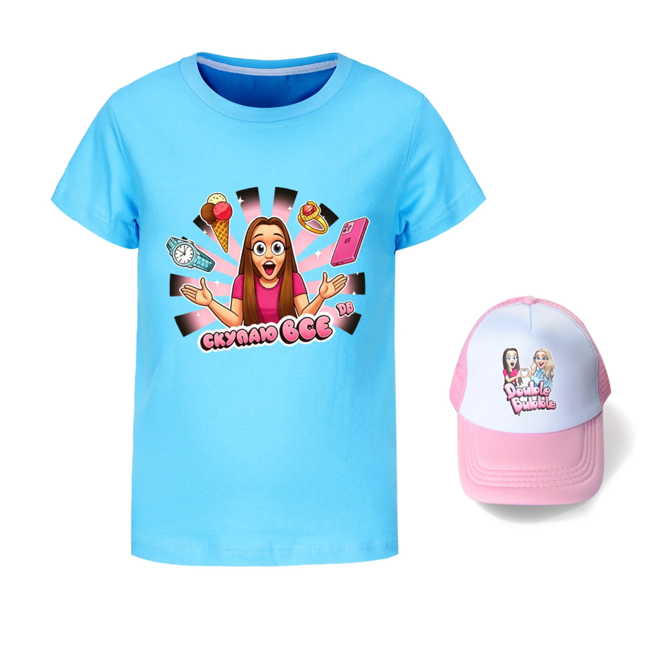 Graphic Tee & Sun Hat Set — 5822 Edition, Style 08 · Light Blue