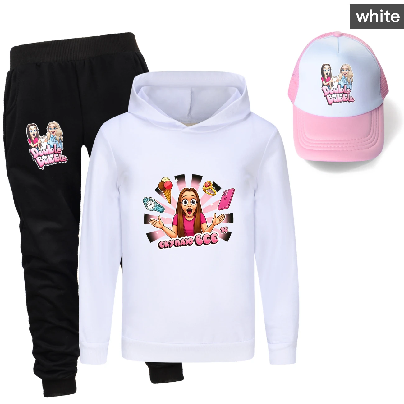 Three-Piece Hoodie, Jogger & Hat Set — 5822 Collection A, Style 01 · White