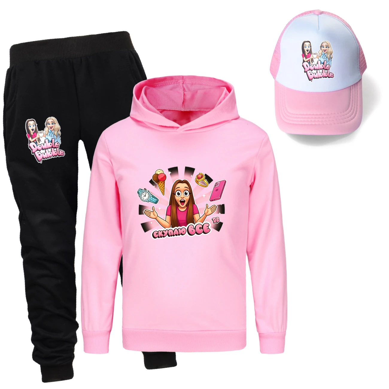 Three-Piece Hoodie, Jogger & Hat Set — 5822 Collection A, Style 11 · Pink