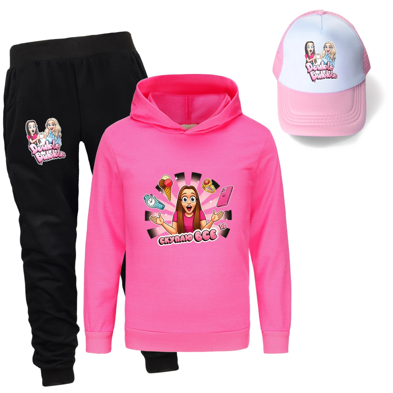 Three-Piece Hoodie, Jogger & Hat Set — 5822 Collection A, Style 12 · Rose