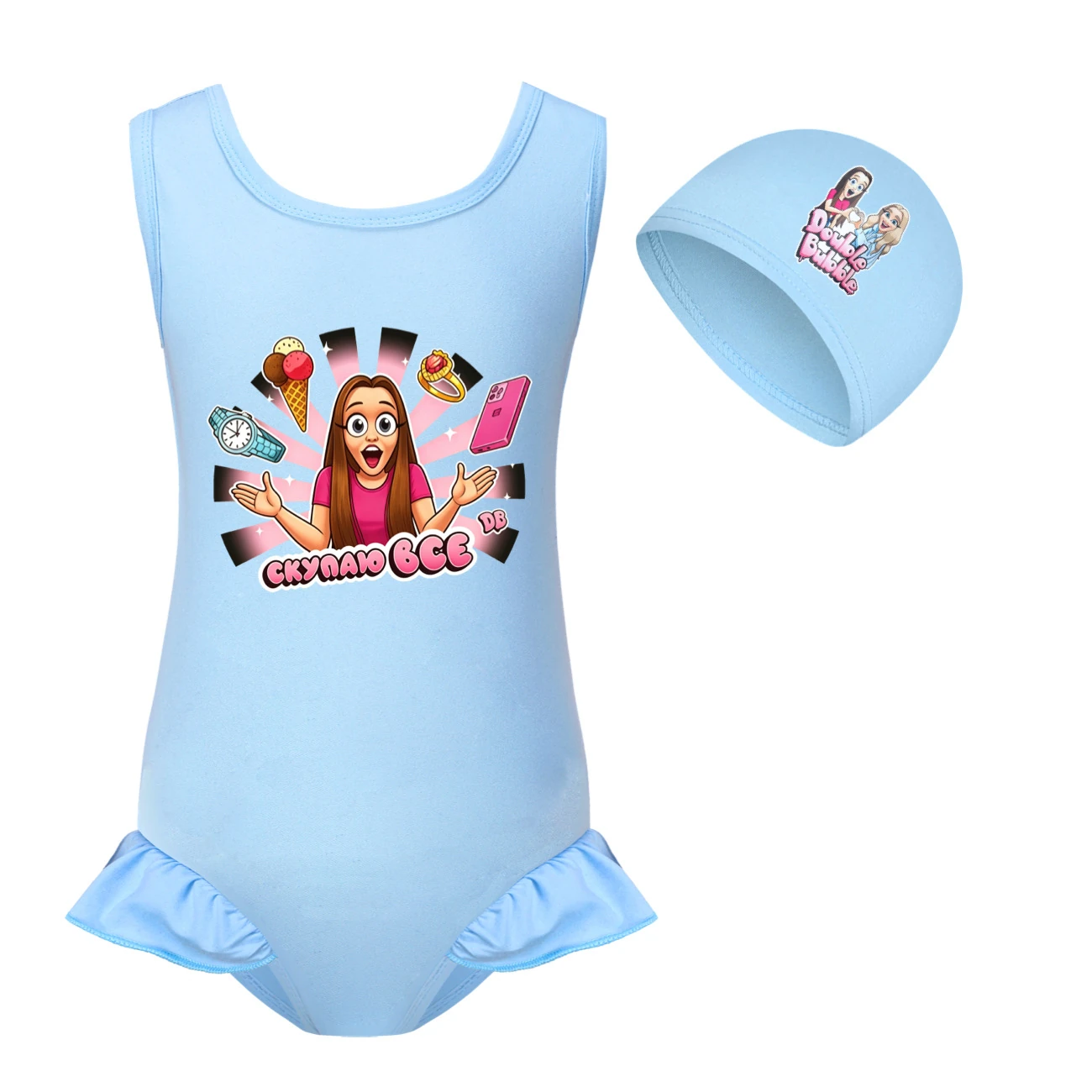 Girls’ One-Piece Swimsuit & Cap Set — 5822 Edition, Style 01 · Set · Light Blue