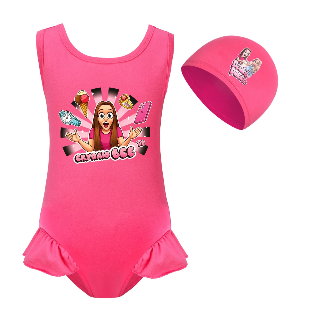 Girls’ One-Piece Swimsuit & Cap Set — 5822 Edition, Style 02 · Set · Rose