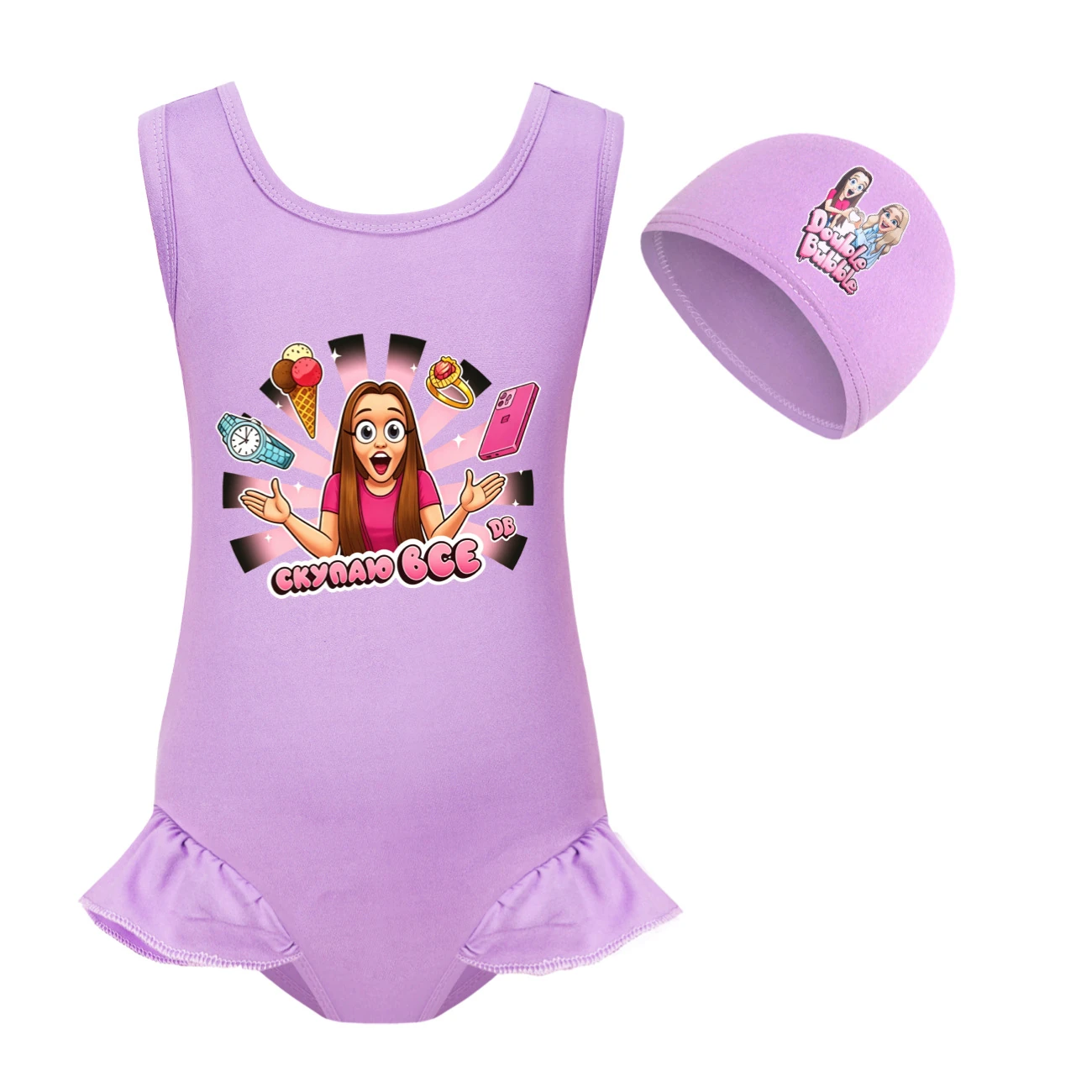 Girls’ One-Piece Swimsuit & Cap Set — 5822 Edition, Style 03 · Set · Purple