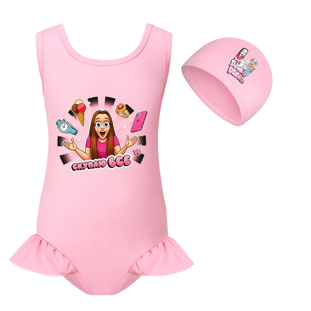 Girls’ One-Piece Swimsuit & Cap Set — 5822 Edition, Style 04 · Set · Pink