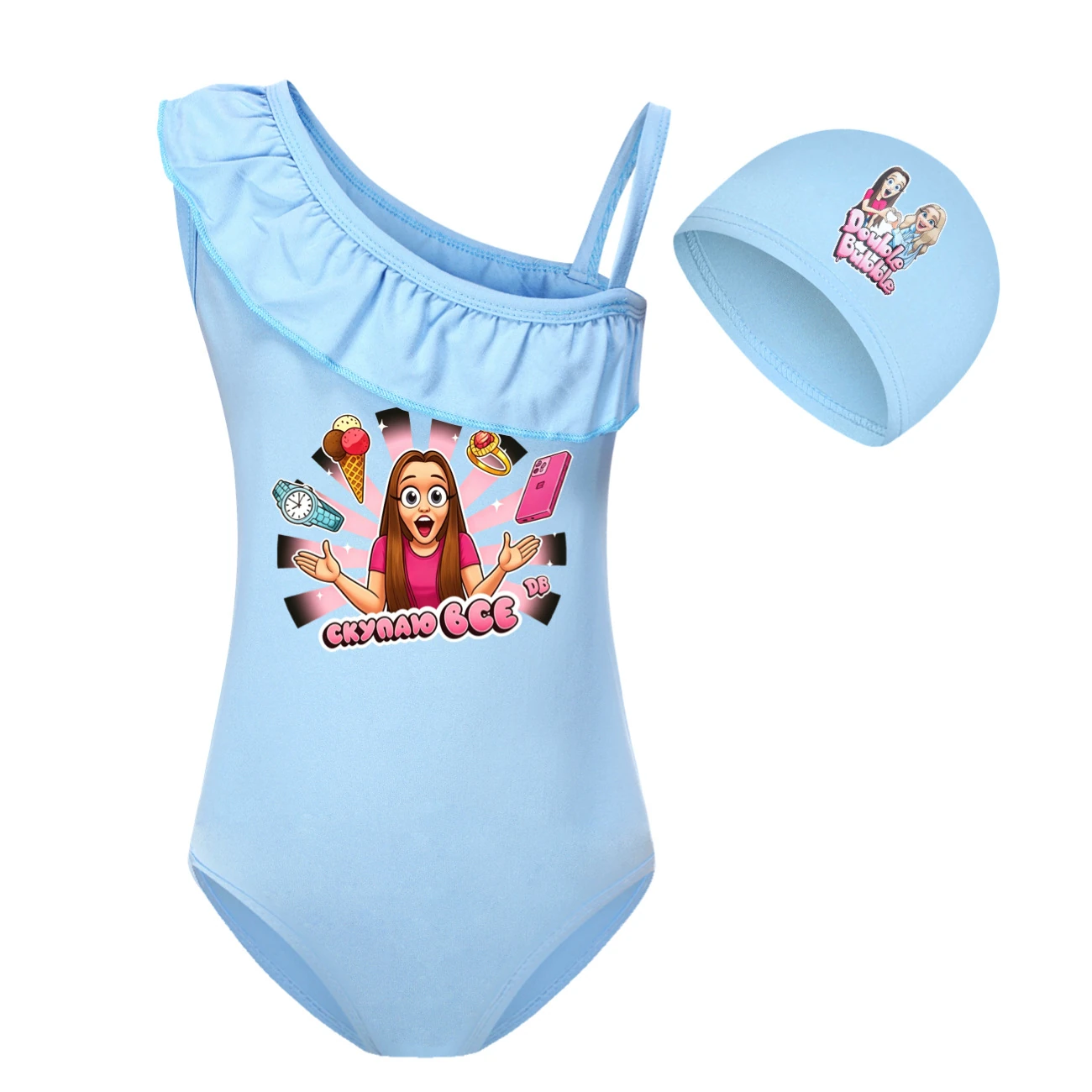 Girls’ One-Piece Swimsuit & Cap Set — 5822 Edition, Style 05 · Set · Light Blue