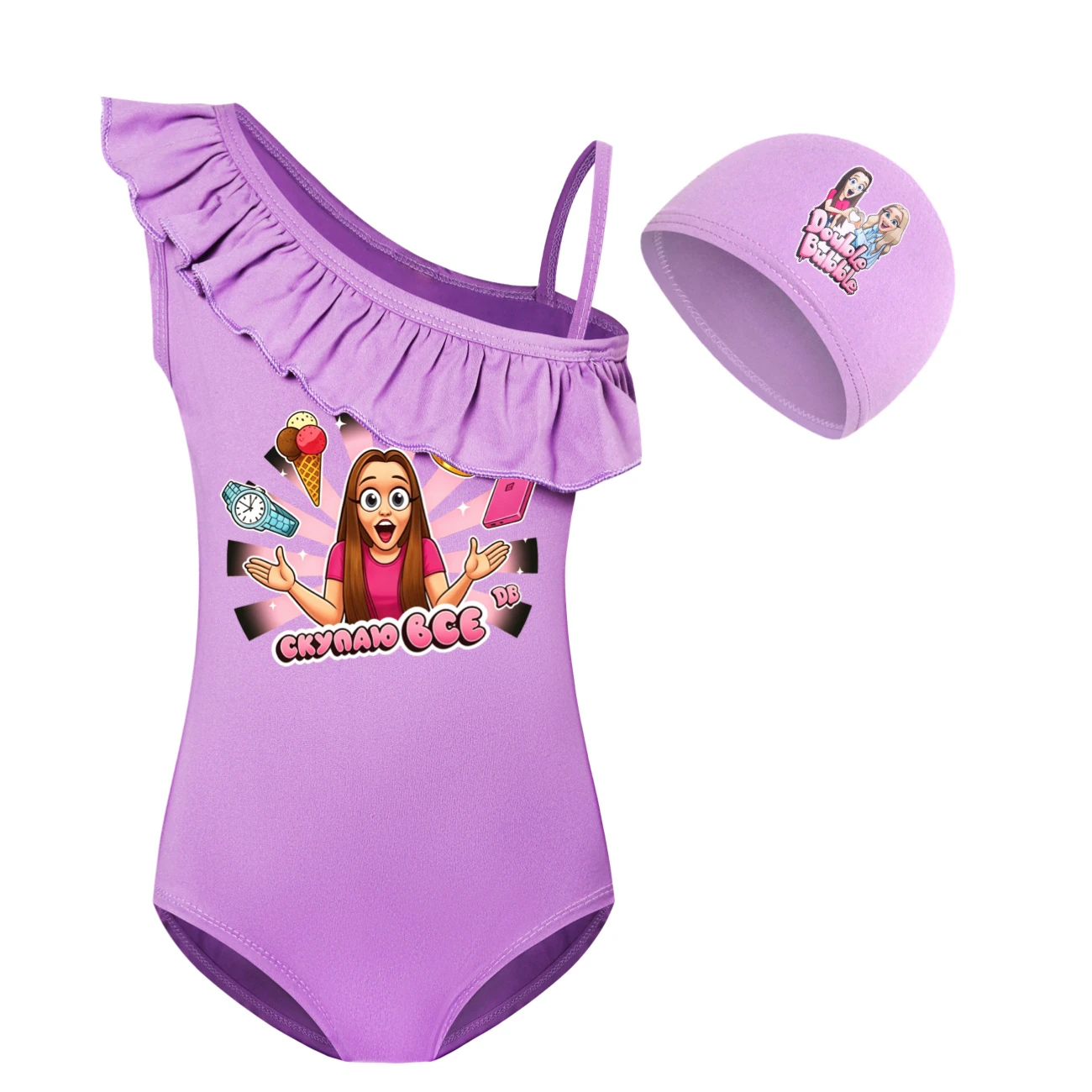 Girls’ One-Piece Swimsuit & Cap Set — 5822 Edition, Style 07 · Set · Purple