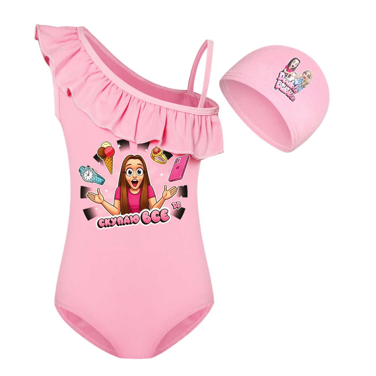 Girls’ One-Piece Swimsuit & Cap Set — 5822 Edition, Style 08 · Set · Pink