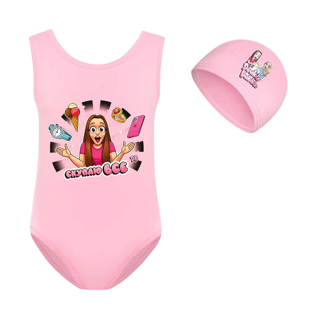 Girls’ One-Piece Swimsuit & Cap Set — 5822 Edition, Style 09 · Set · Pink