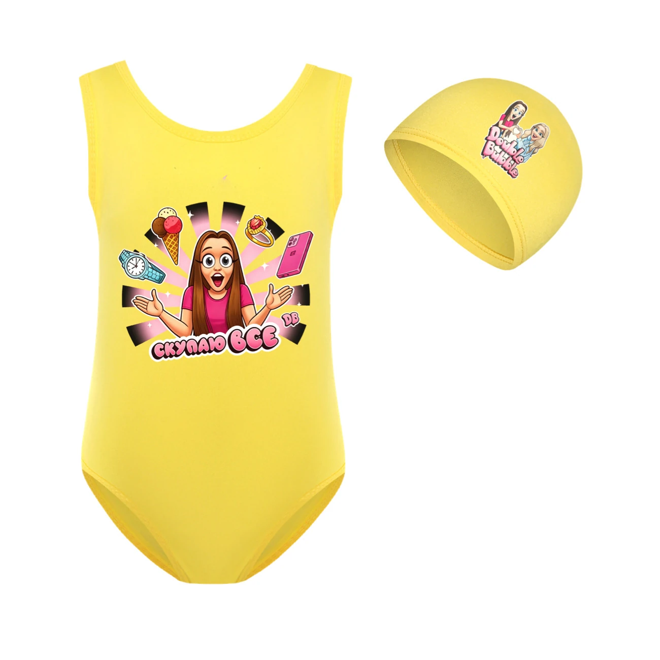Girls’ One-Piece Swimsuit & Cap Set — 5822 Edition, Style 10 · Set · Yellow