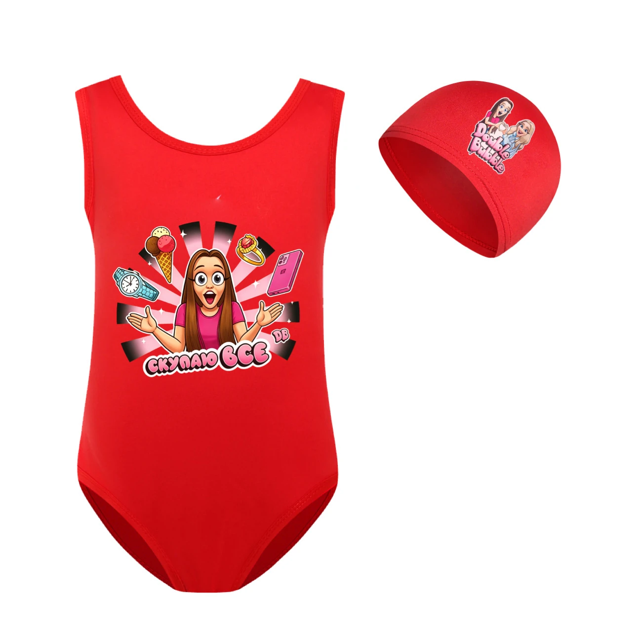 Girls’ One-Piece Swimsuit & Cap Set — 5822 Edition, Style 11 · Set · Red