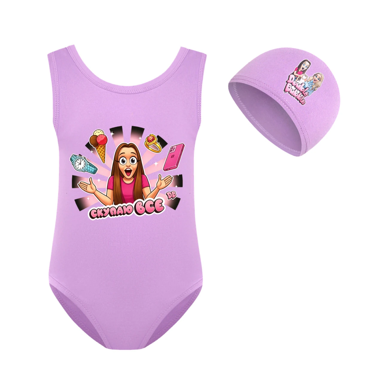 Girls’ One-Piece Swimsuit & Cap Set — 5822 Edition, Style 12 · Set · Purple