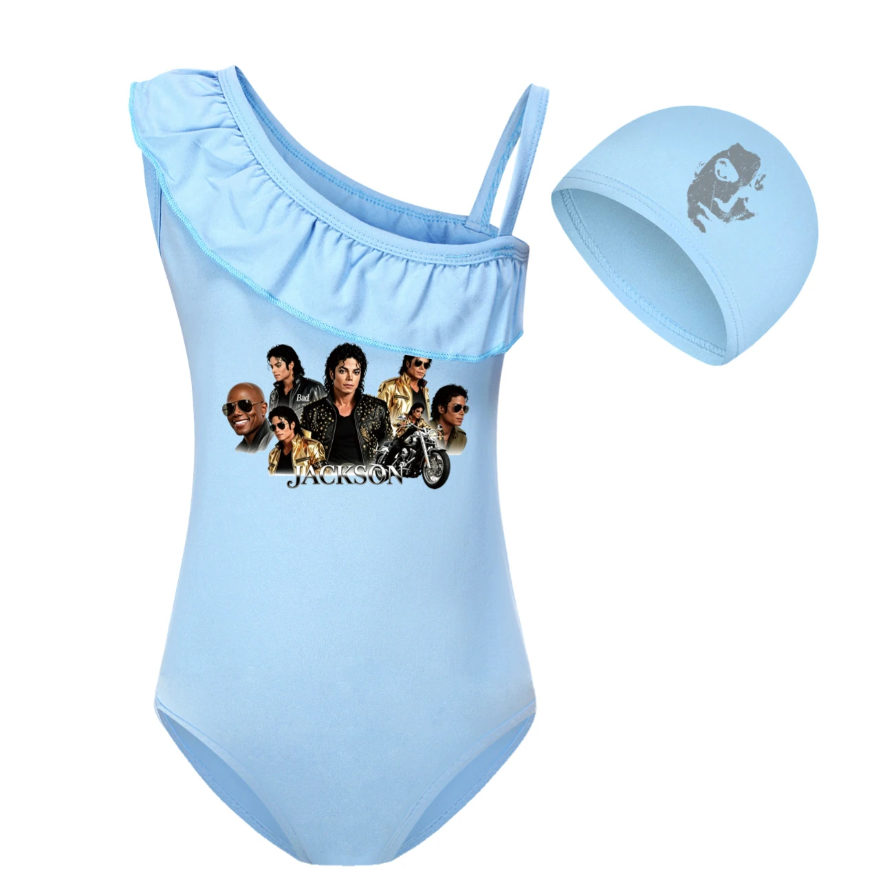 Girls’ One-Piece Swimsuit & Cap Set — 5829 Edition, Style 05 · Set · Light Blue