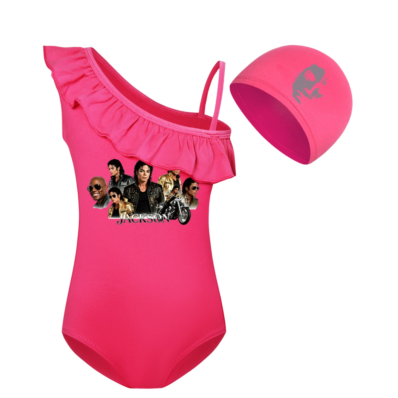 Girls’ One-Piece Swimsuit & Cap Set — 5829 Edition, Style 06 · Set · Rose