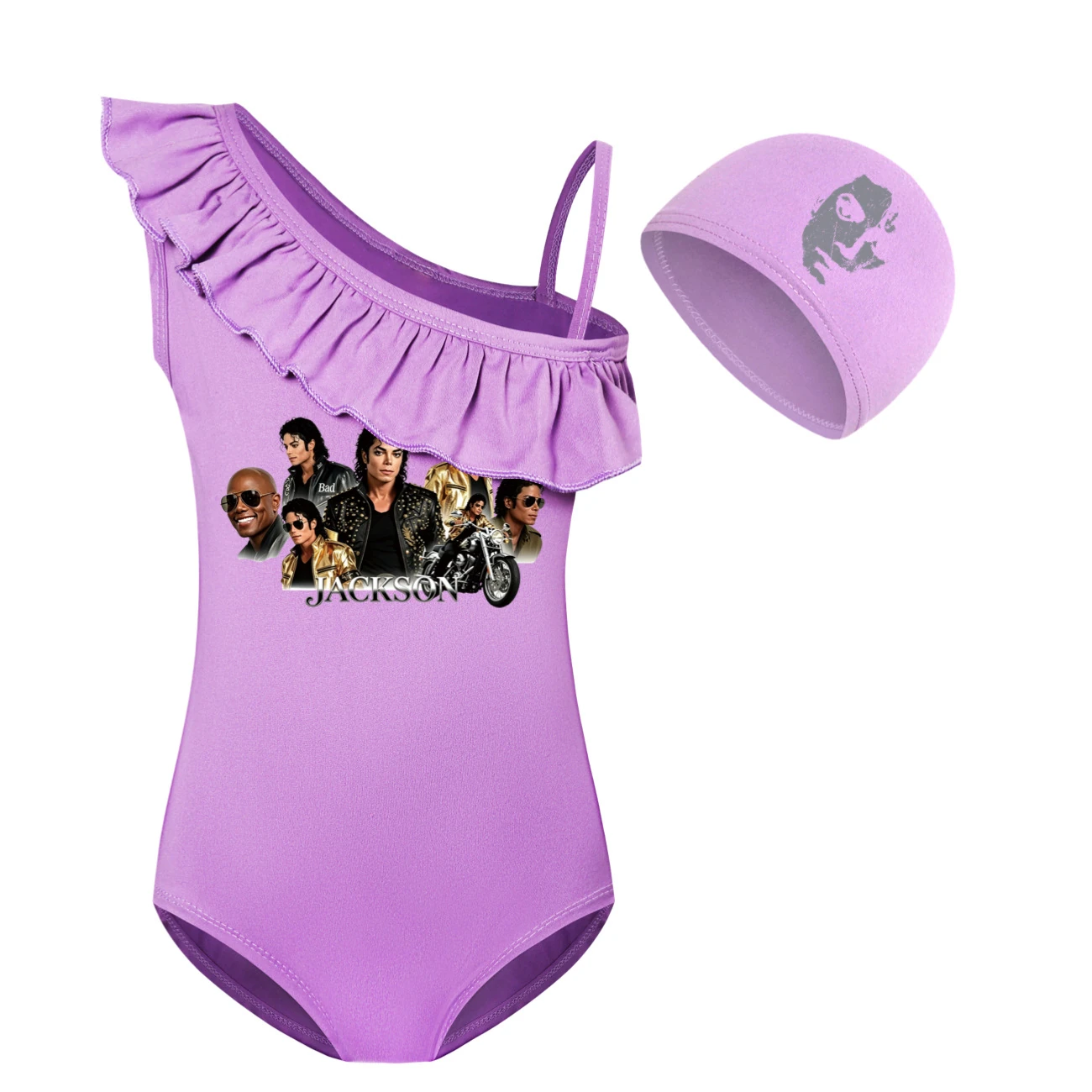 Girls’ One-Piece Swimsuit & Cap Set — 5829 Edition, Style 07 · Set · Purple