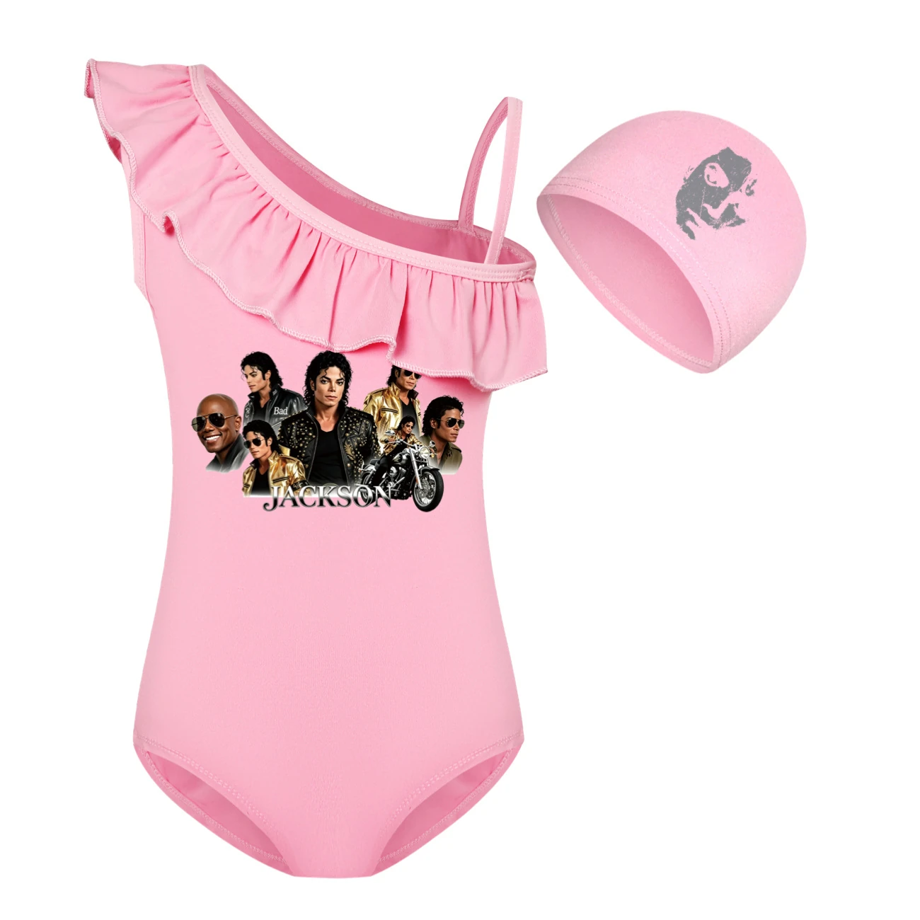 Girls’ One-Piece Swimsuit & Cap Set — 5829 Edition, Style 08 · Set · Pink