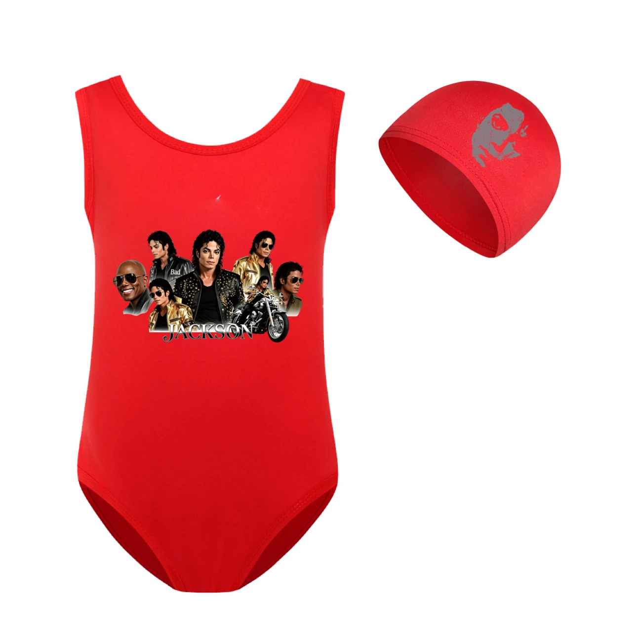 Girls’ One-Piece Swimsuit & Cap Set — 5829 Edition, Style 11 · Set · Red