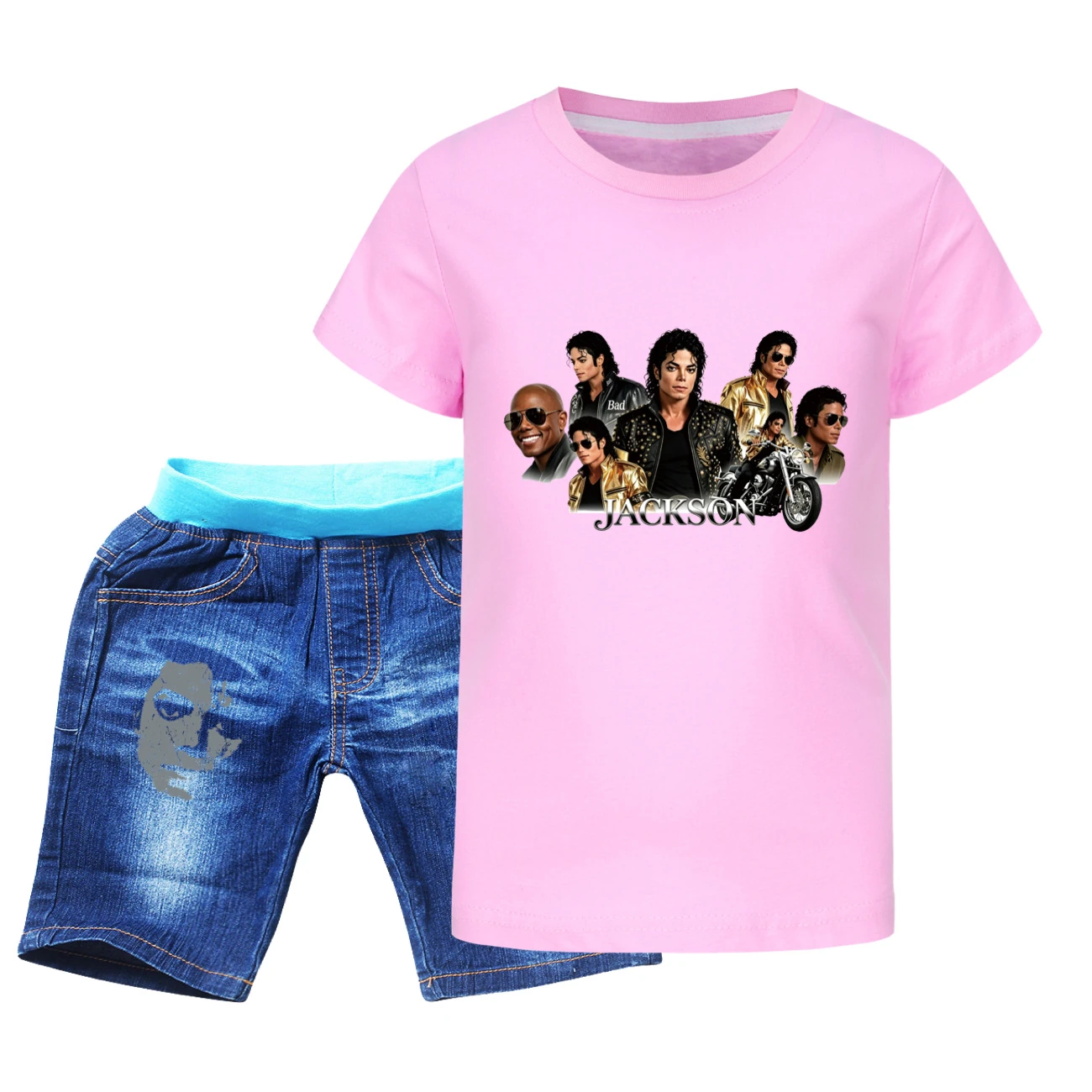 Kids’ Tee & Denim Shorts Set — 5829 Edition, Style 07 · Denim · Pink