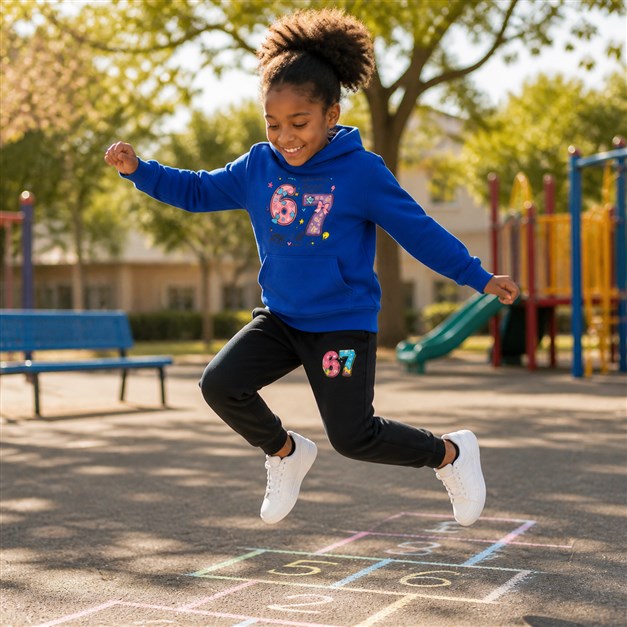 A child jumping over hopscotch in a hoodie and jogger set